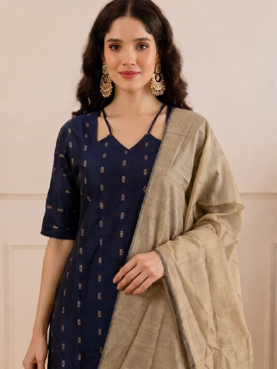 Navy Blue Butti Motif Kurta Set With Dupatta
