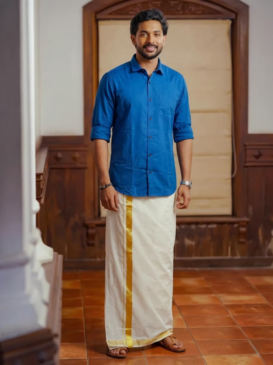 Royal Blue Shirt and Kasavu Mundu Dhoti Combo Set