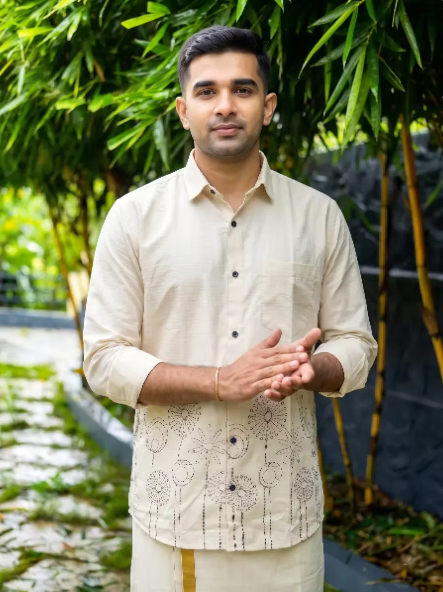 Beige Floral Motif Cotton Shirt and Kasavu Mundu Dhoti Combo