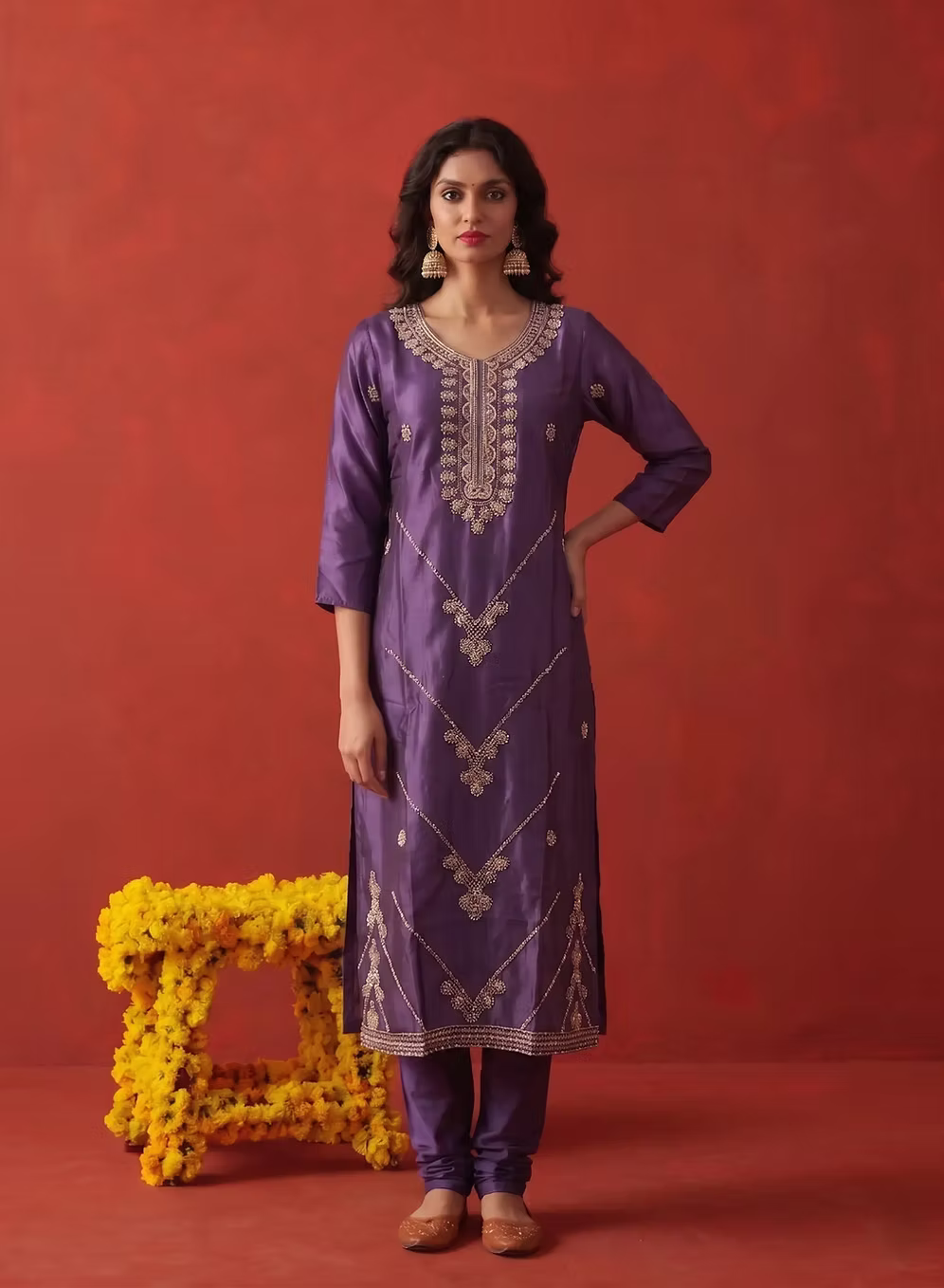 Grape Purple Hand Embroidered Kurta Set With Dupatta