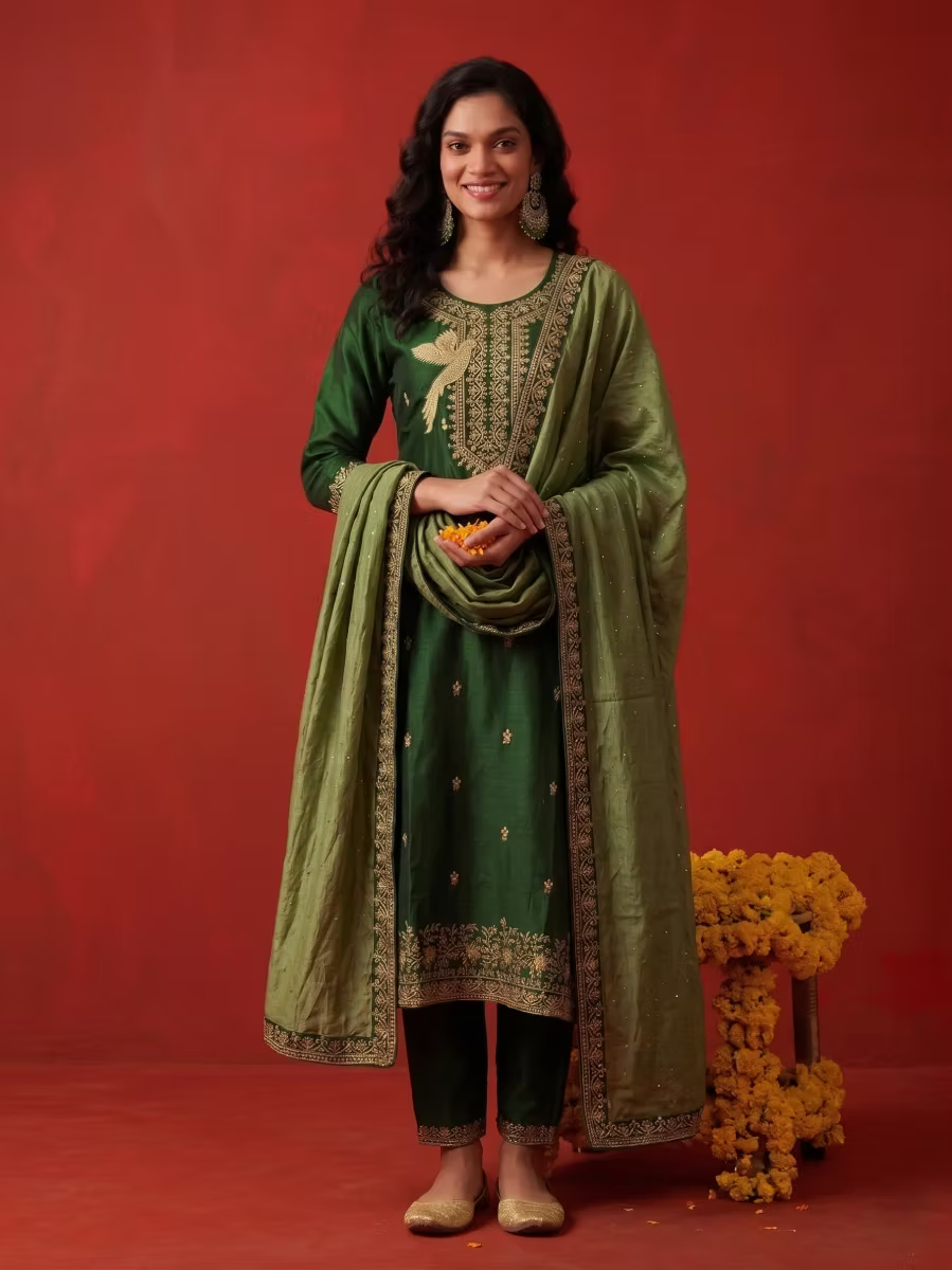Deep Forest Green Bird Motif Embroidered Kurta Set With Olive Dupatta