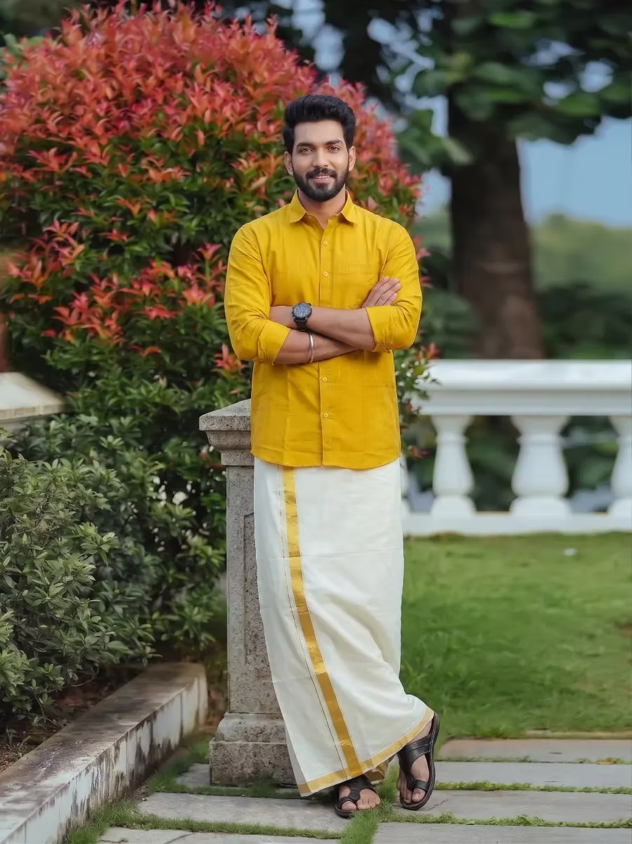 Mustard Yellow Golden Flecha Cotton Shirt and Kasavu Mundu Dhoti Combo
