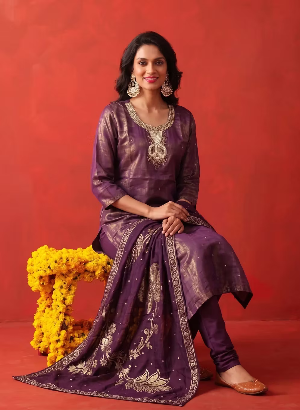 Dark Plum Gold Zari Handwork Kurta Set With Floral Dupatta