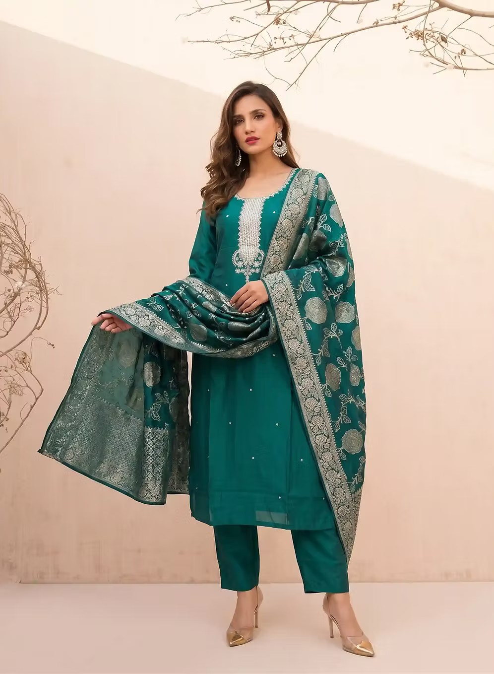 Teal Green Kurta Set with Silver Embroidery With Bloom Dupatta