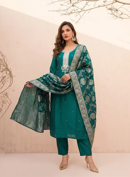 Teal Green Kurta Set with Silver Embroidery With Bloom Dupatta