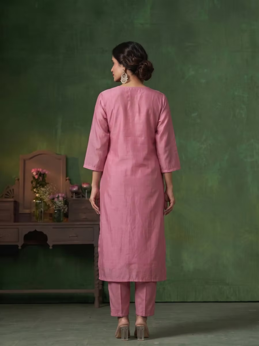Onion Pink Floral Embroidery 3 Piece Kurta Trouser Set