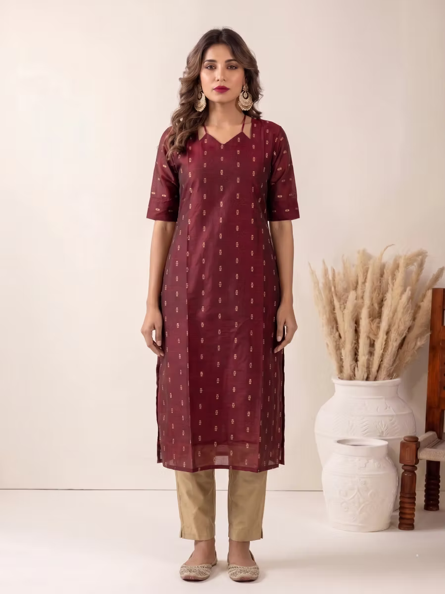 Maroon Beige Motif Kurta Set With Tassel Dupatta