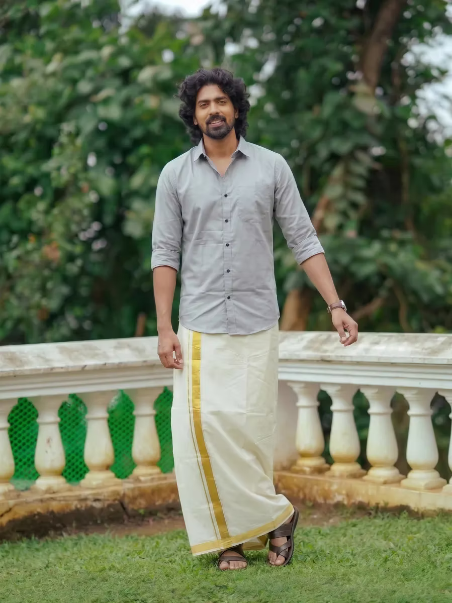 Grey Shirt and Kasavu Mundu Dhoti Combo Set