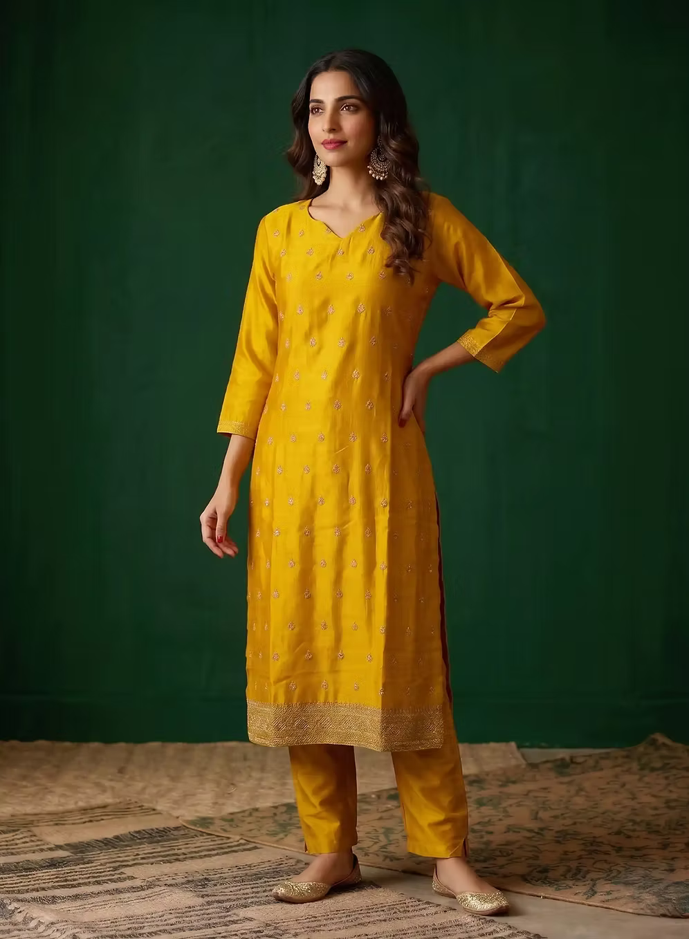 Saffron Yellow Embroidery Kurta Set with Purple Dupatta