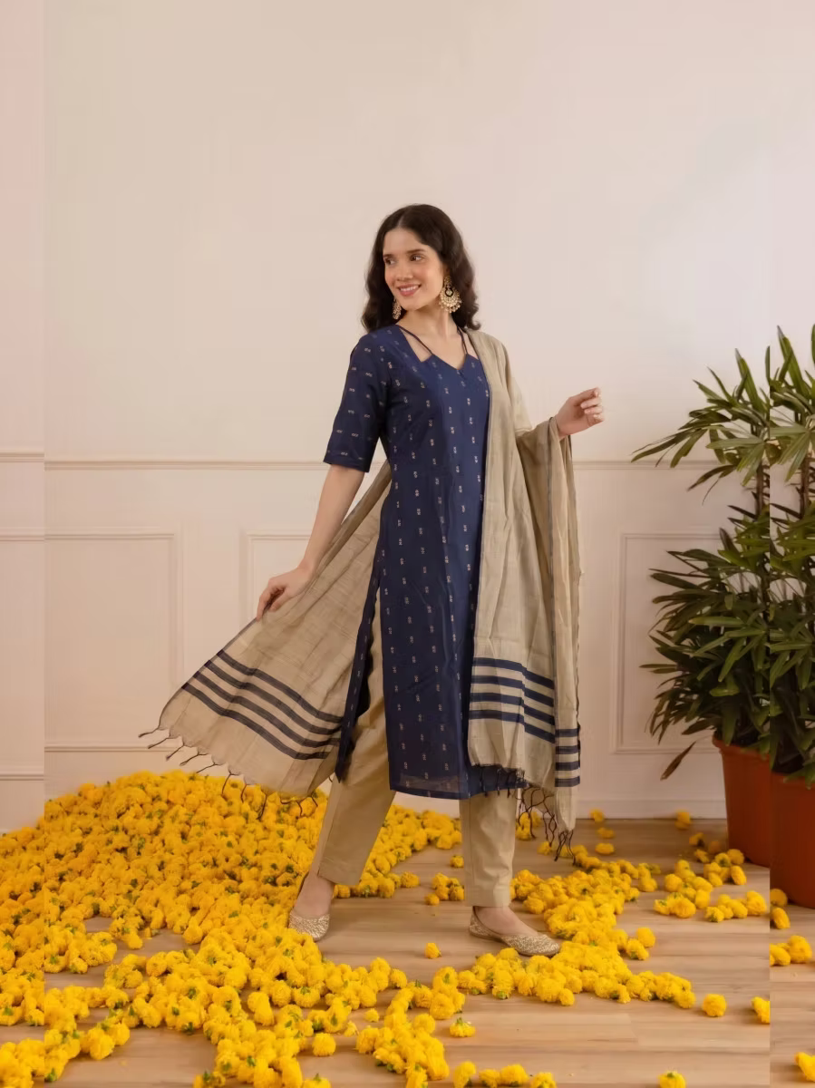 Navy Blue Butti Motif Kurta Set With Dupatta