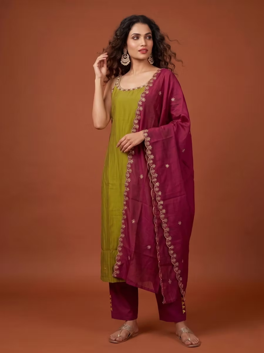 Olive Green Solid Kurta Set with Embroidered Neck & Magenta Dupatta