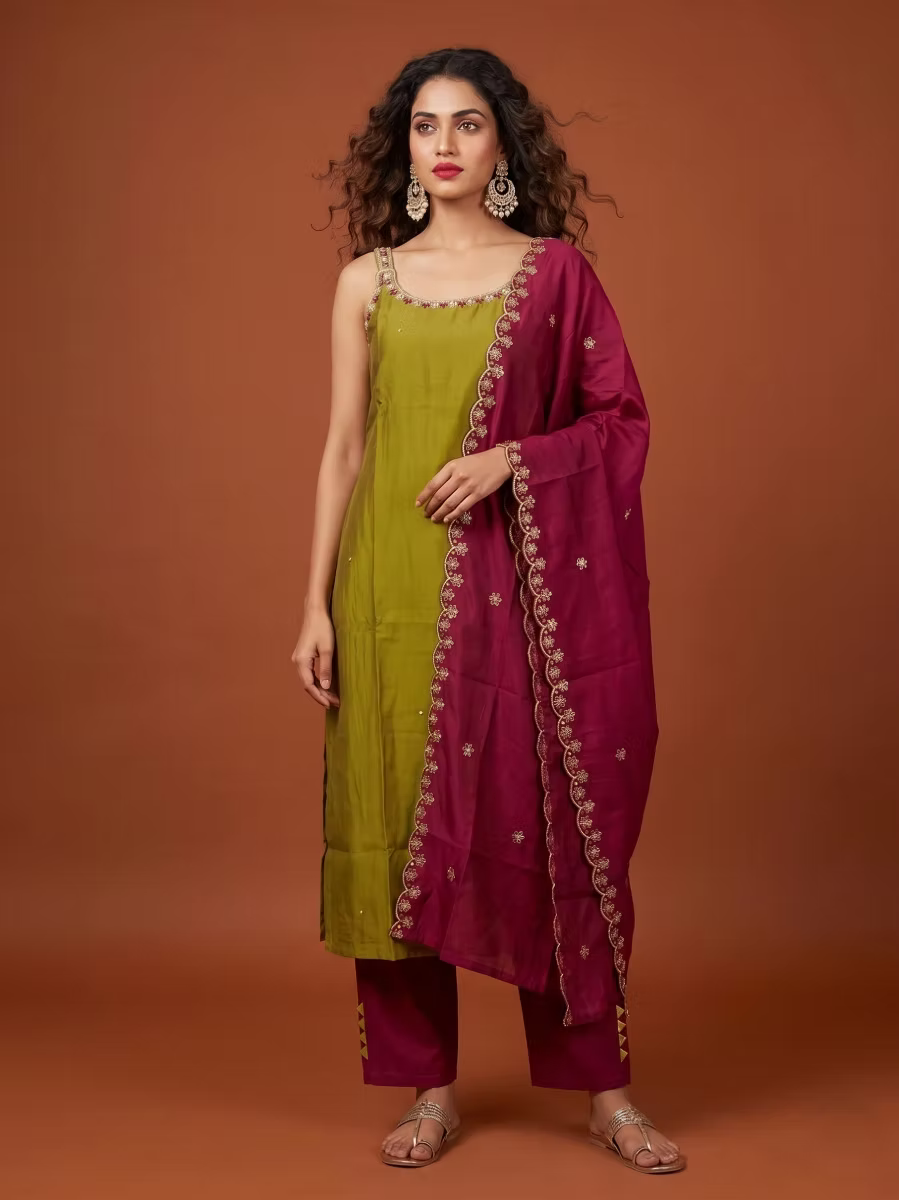 Olive Green Solid Kurta Set with Embroidered Neck & Magenta Dupatta