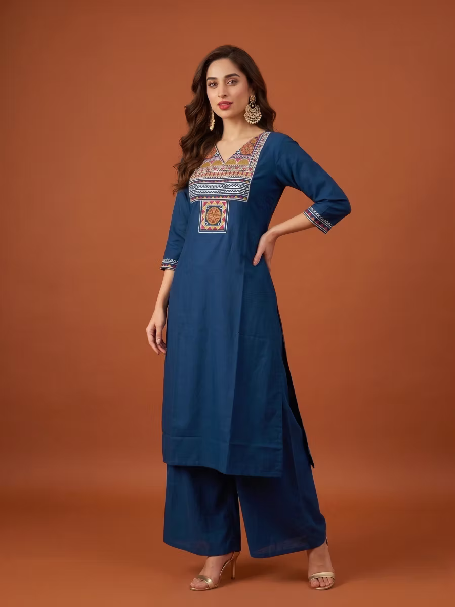 Midnight Blue Multicolor Tribal Embroidered Kurta Set