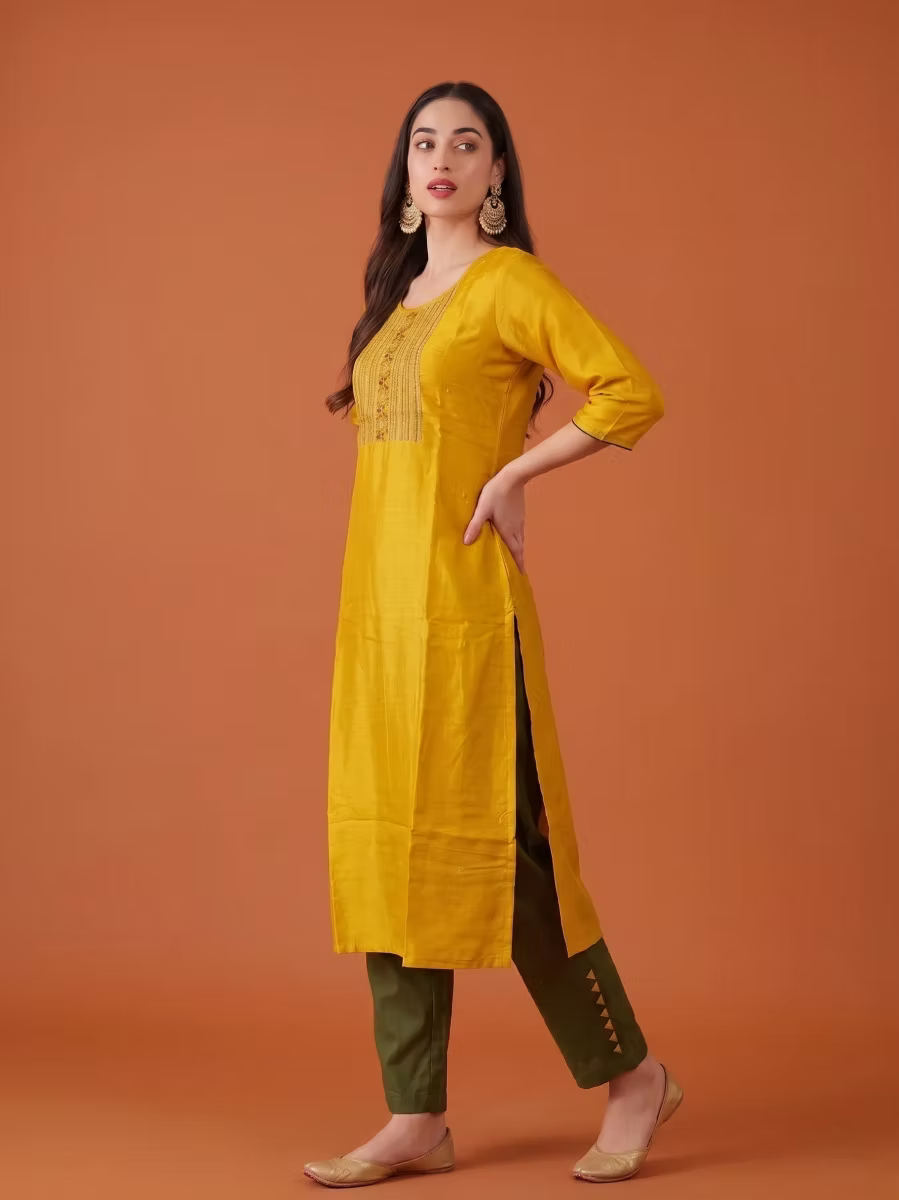 Honey Yellow Embroidered Kurta Set with Olive Dupatta