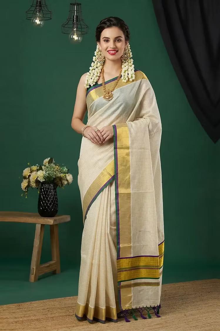 Green & Violet Check Cotton Kerala Saree with Tassels