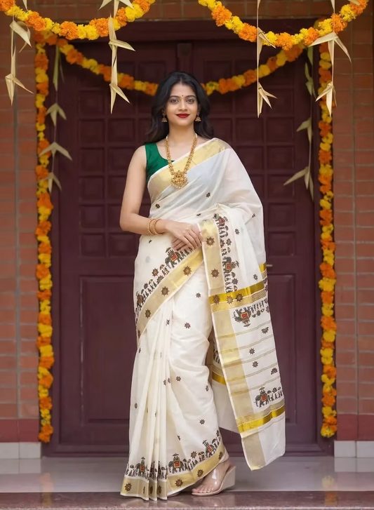 Traditional Elephant Mural Stripe Cotton Kasavu Saree With Blouse