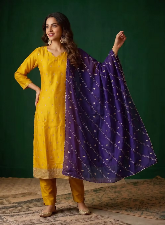 Saffron Yellow Embroidery Kurta Set with Purple Dupatta
