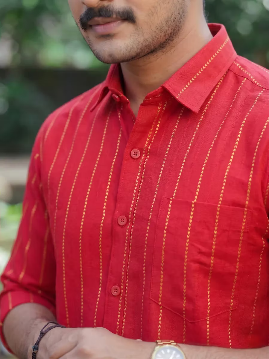 Red Golden Flecha Cotton Shirt and Kasavu Mundu Dhoti Combo