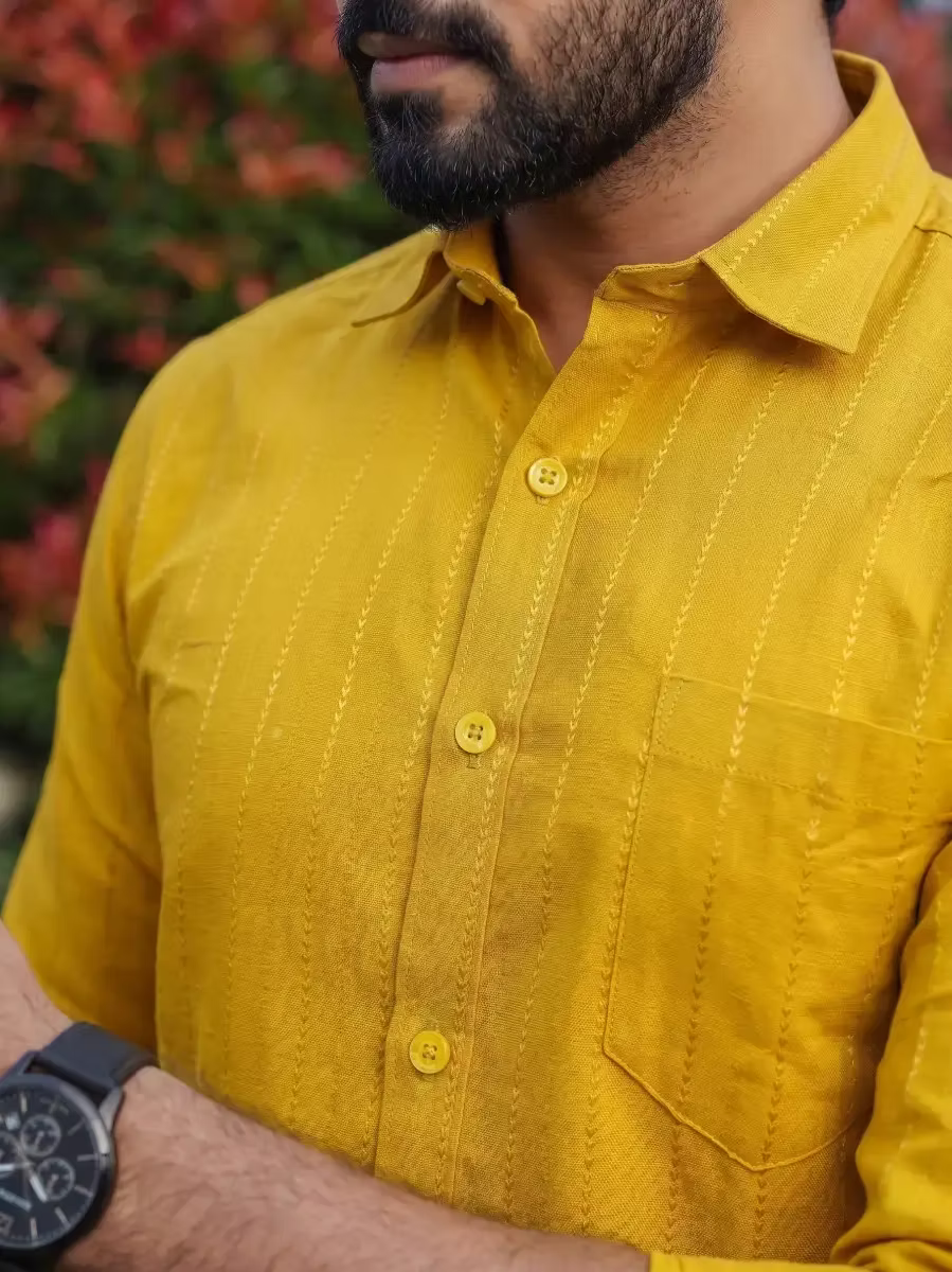 Mustard Yellow Golden Flecha Cotton Shirt and Kasavu Mundu Dhoti Combo