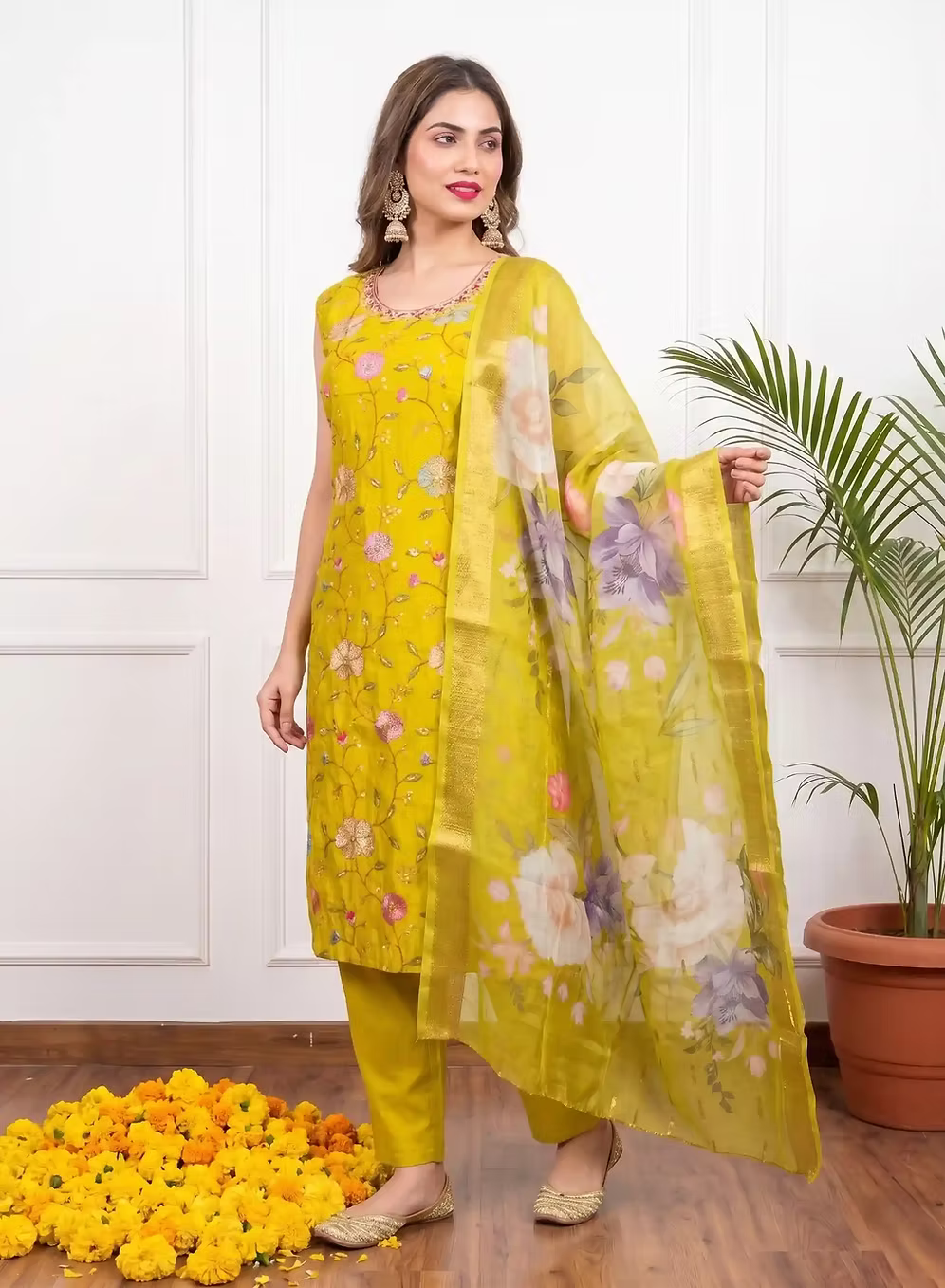 Bright Yellow Multicolor Floral Embroidery Kurta Set with Dupatta