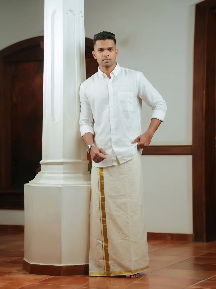 White Linen Cotton Shirt and Kasavu Mundu Dhoti Combo