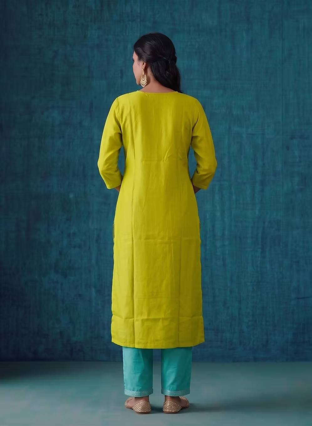 Lime Yellow Multicolor Bloom Embroidery Kurta Set With Turquoise Dupatta