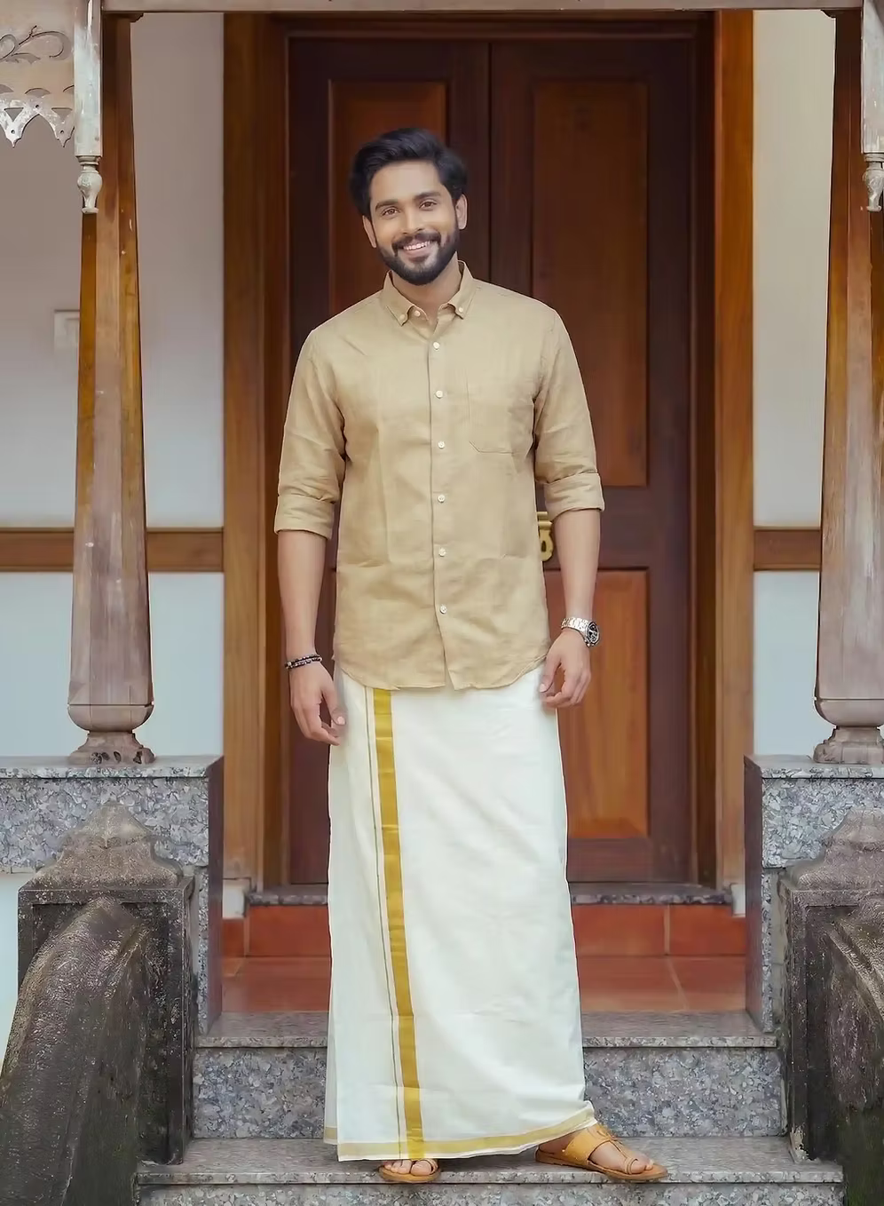 Sand Beige Linen Cotton Shirt and Kasavu Mundu Dhoti Combo