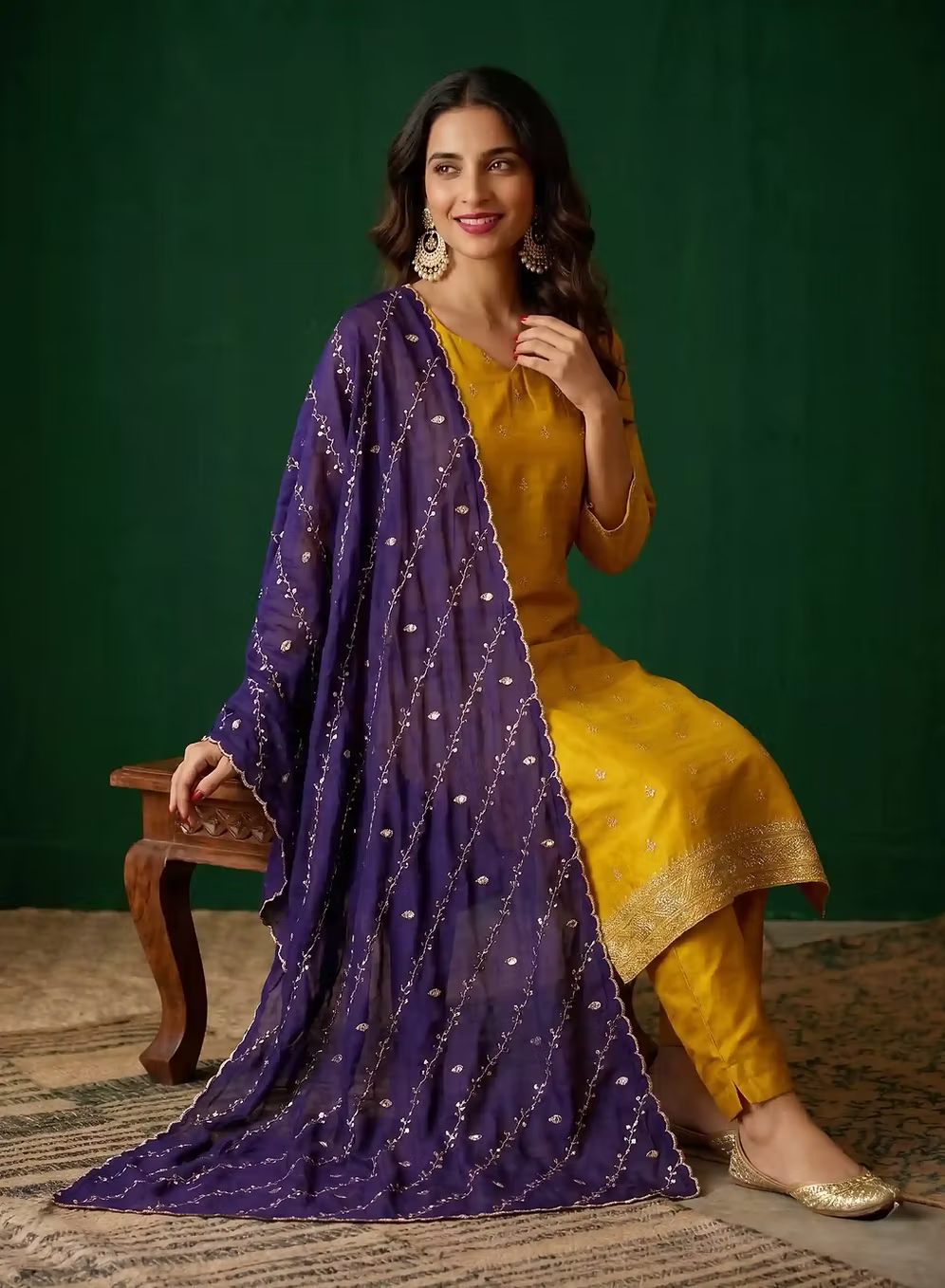 Saffron Yellow Embroidery Kurta Set with Purple Dupatta