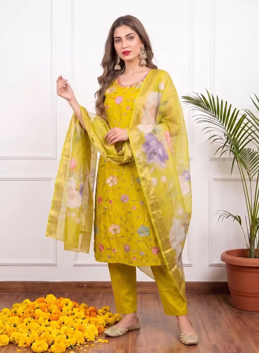 Bright Yellow Multicolor Floral Embroidery Kurta Set with Dupatta