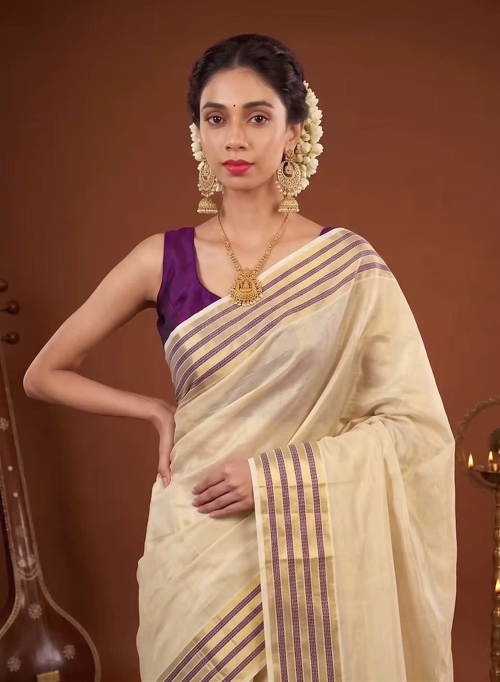 Violet & Golden Stripe Kasavu Tussel Tissue Saree