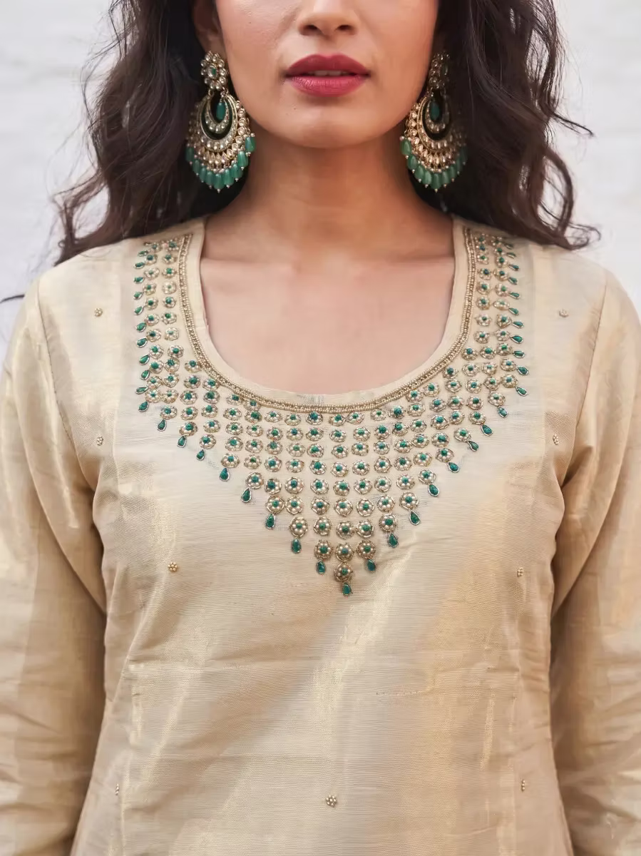 Hand Embroidered Golden Tissue Kurta Set with Teal Designer Dupatta