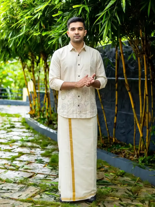 Beige Floral Motif Cotton Shirt and Kasavu Mundu Dhoti Combo