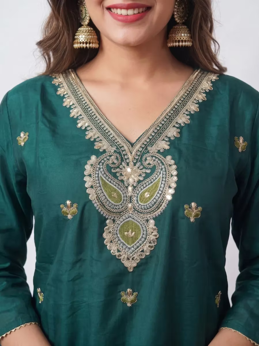 Deep Teal Green Kurta Set with Intricate Zari Embroidered Yoke & Sheer Woven Dup