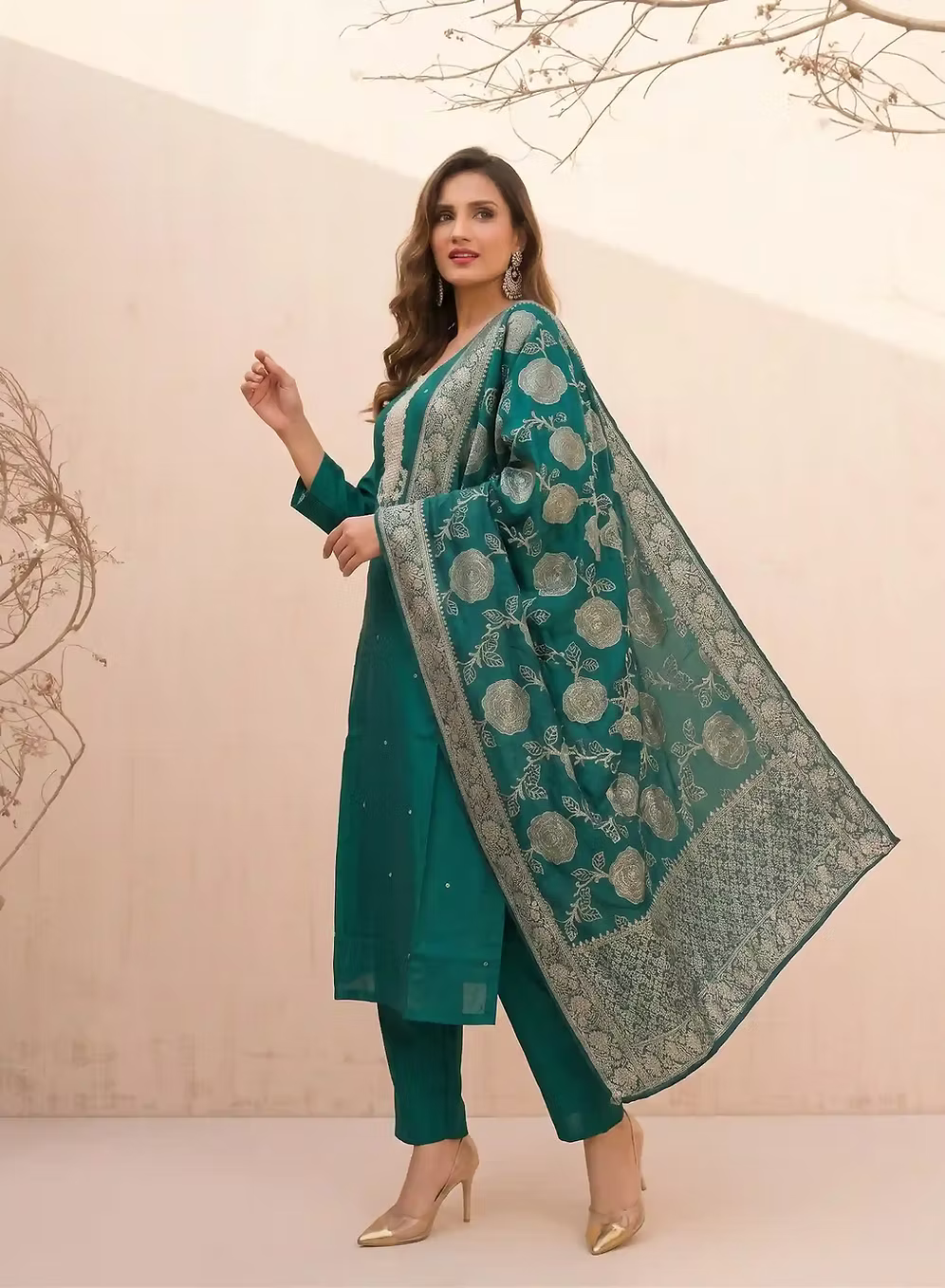 Teal Green Kurta Set with Silver Embroidery With Bloom Dupatta