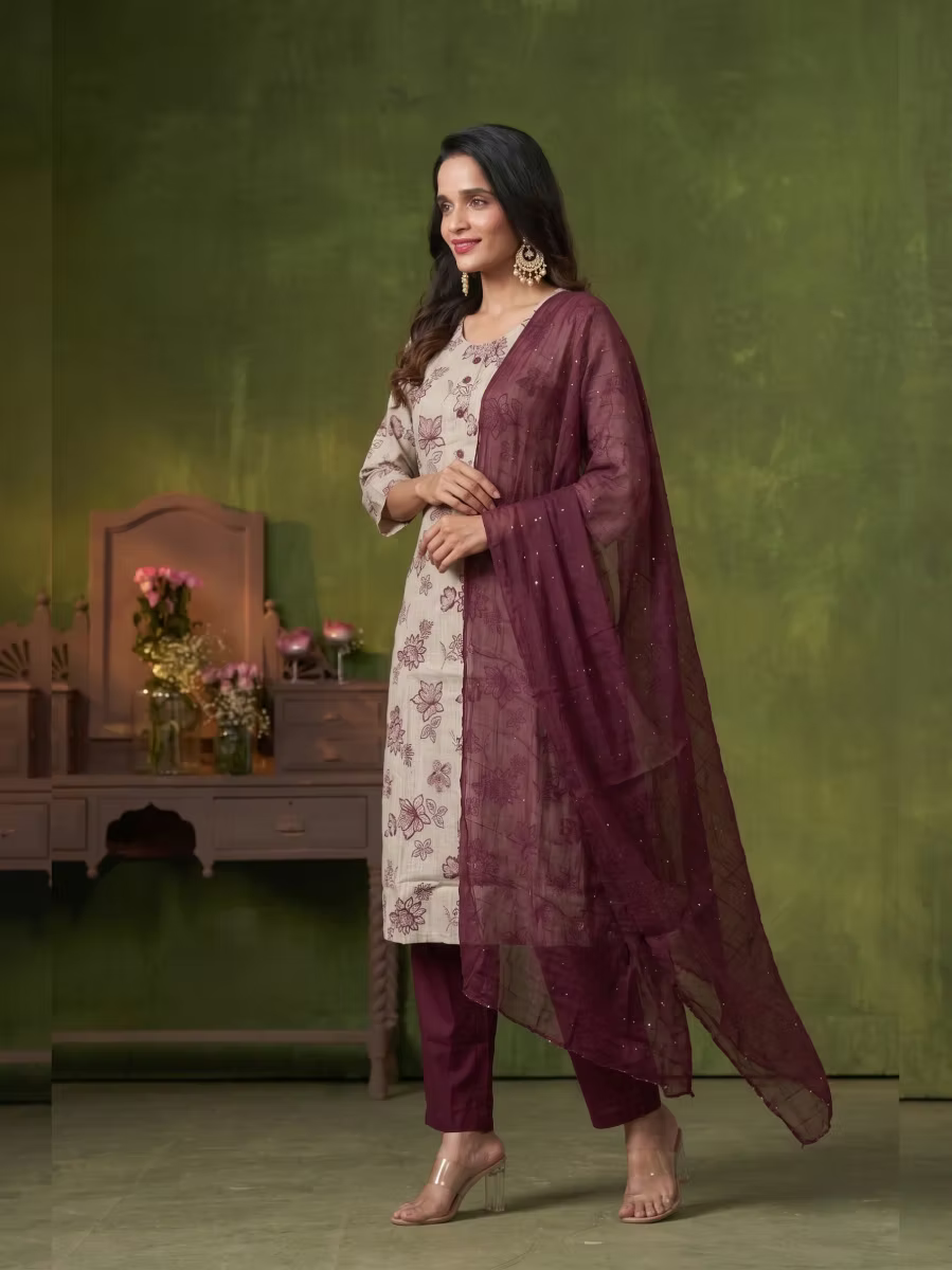 Beige Floral Kurta Set with Burgundy Dupatta