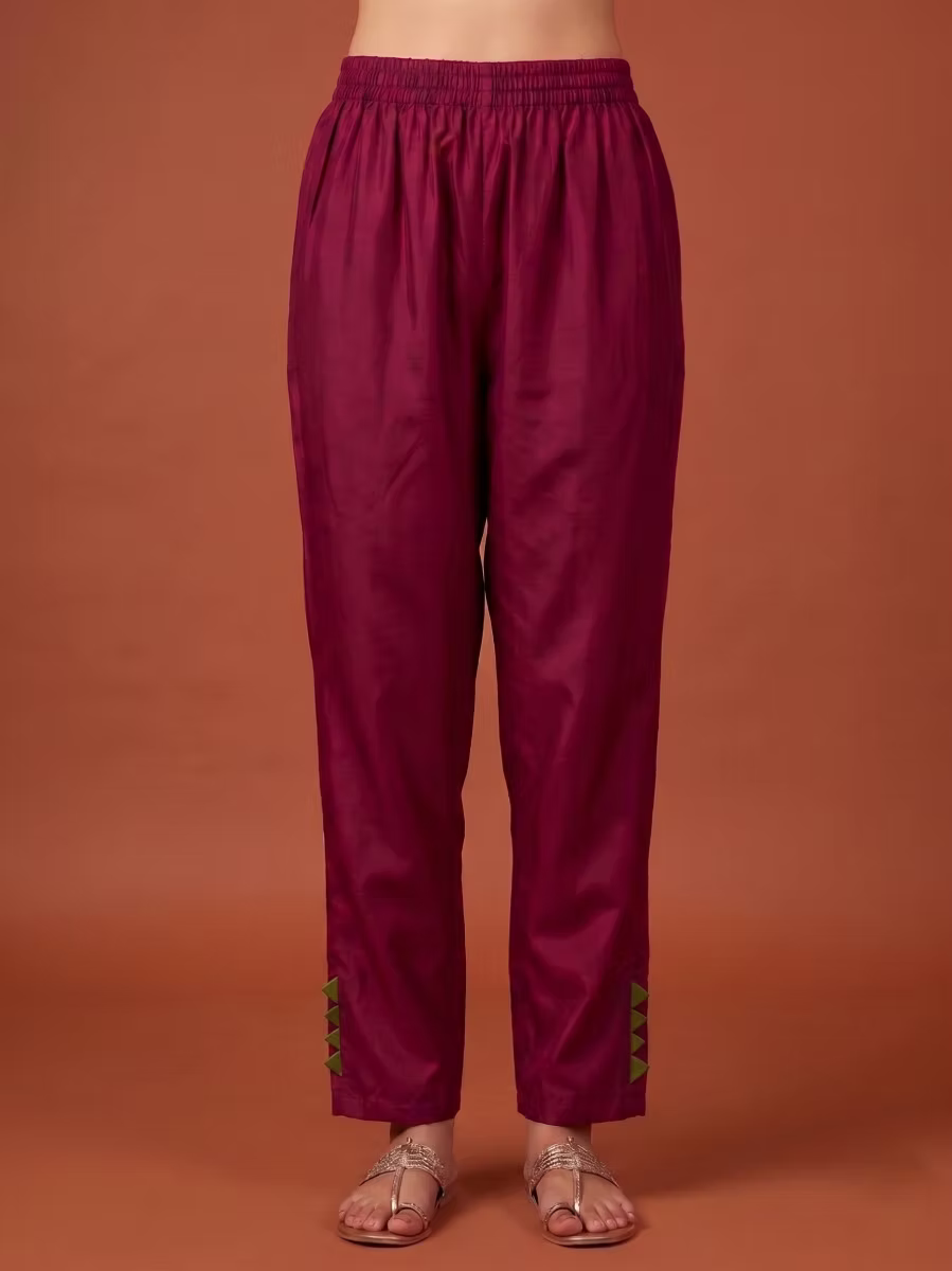 Olive Green Solid Kurta Set with Embroidered Neck & Magenta Dupatta