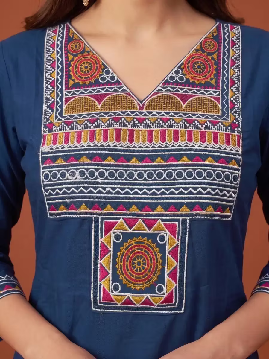 Midnight Blue Multicolor Tribal Embroidered Kurta Set