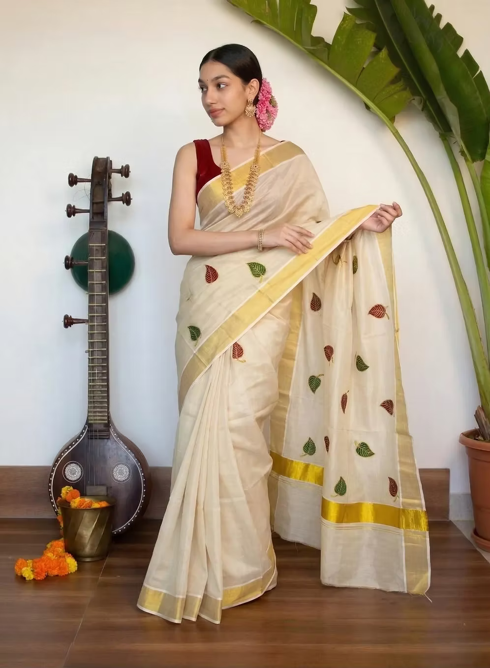 Green & Maroon Leaf Embroidery Golden Kasavu Tissue Saree With Running Blouse