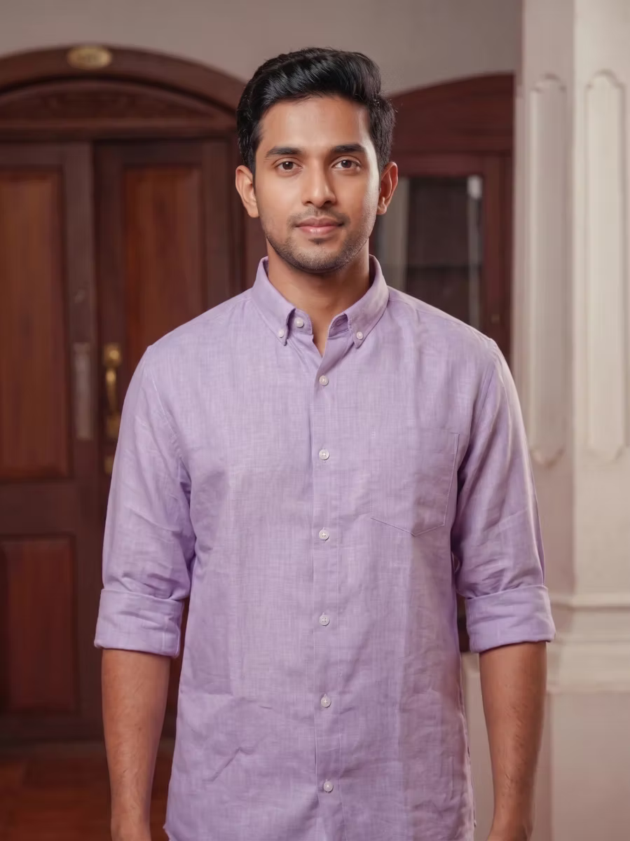 Lavender Linen Cotton Shirt and Kasavu Mundu Dhoti Combo