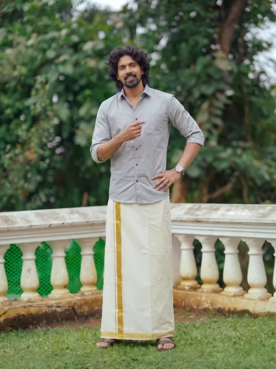 Grey Shirt and Kasavu Mundu Dhoti Combo Set