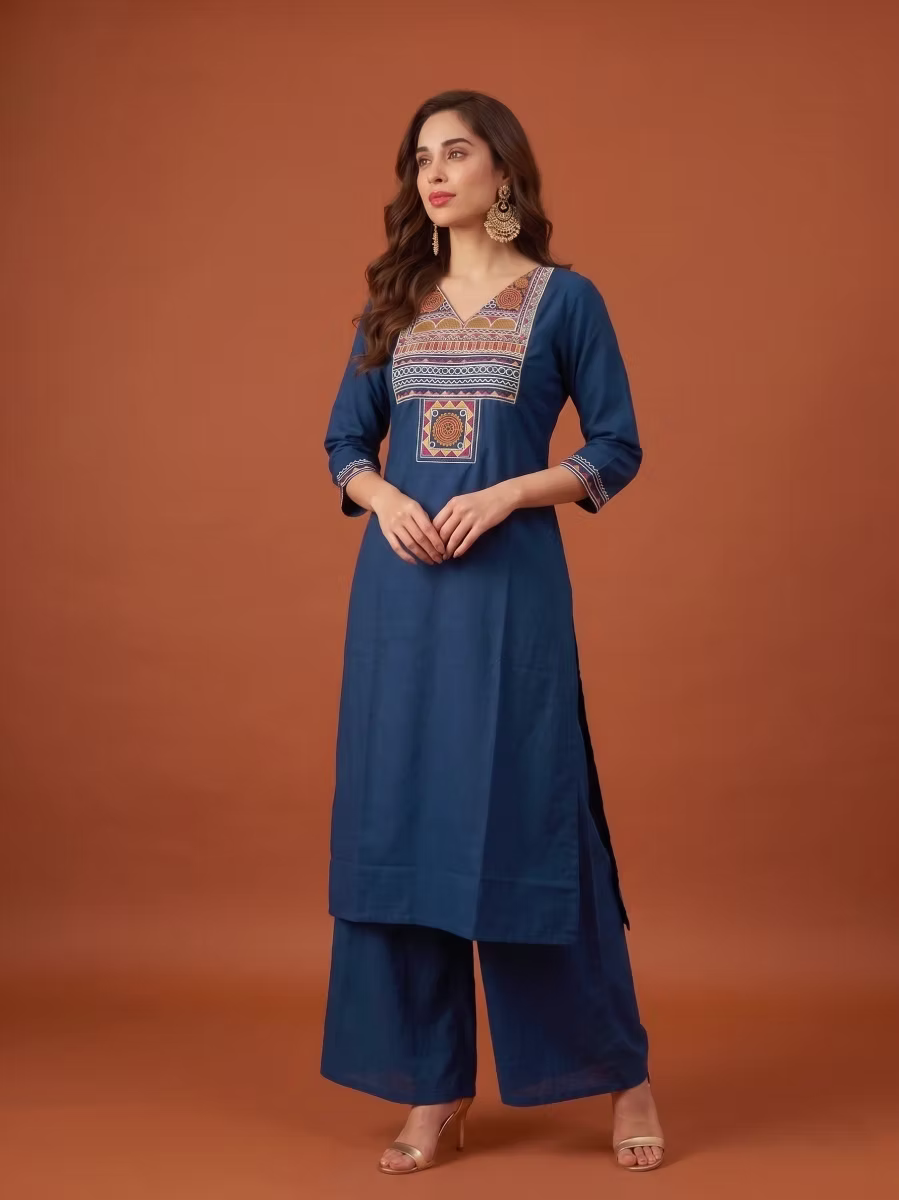 Midnight Blue Multicolor Tribal Embroidered Kurta Set