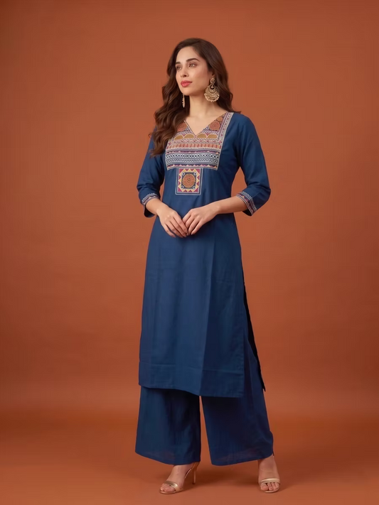 Midnight Blue Multicolor Tribal Embroidered Kurta Set