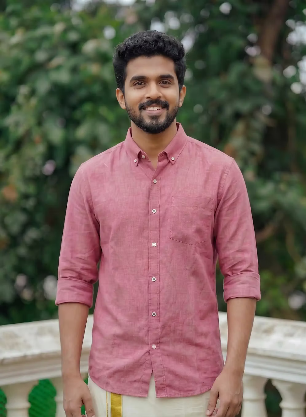 Rose Pink Linen Cotton Shirt and Kasavu Mundu Dhoti Combo