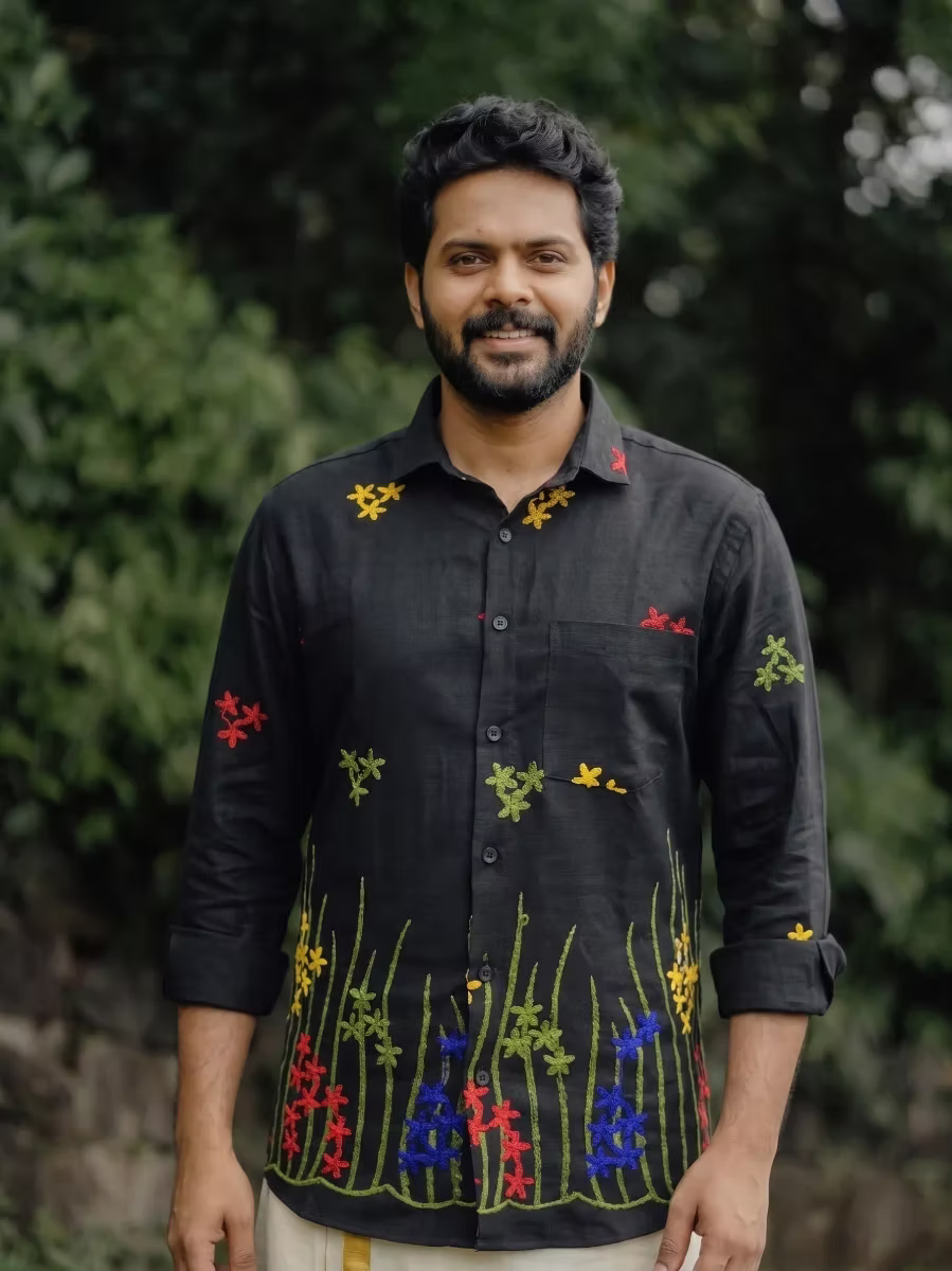 Black Multicolor Floral Embroidered Cotton Shirt and Kasavu Mundu Dhoti Combo