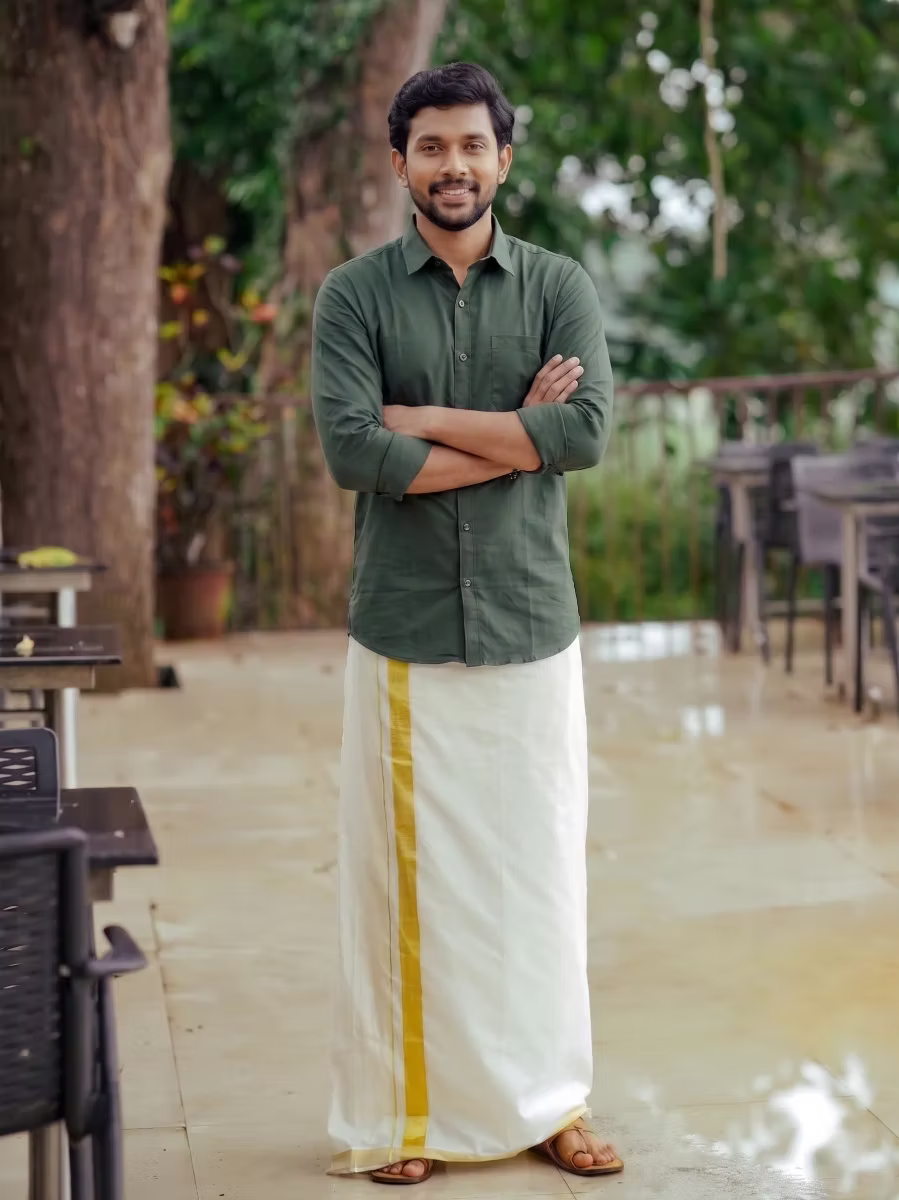 Dark Green Shirt and Kasavu Mundu Dhoti Combo Set