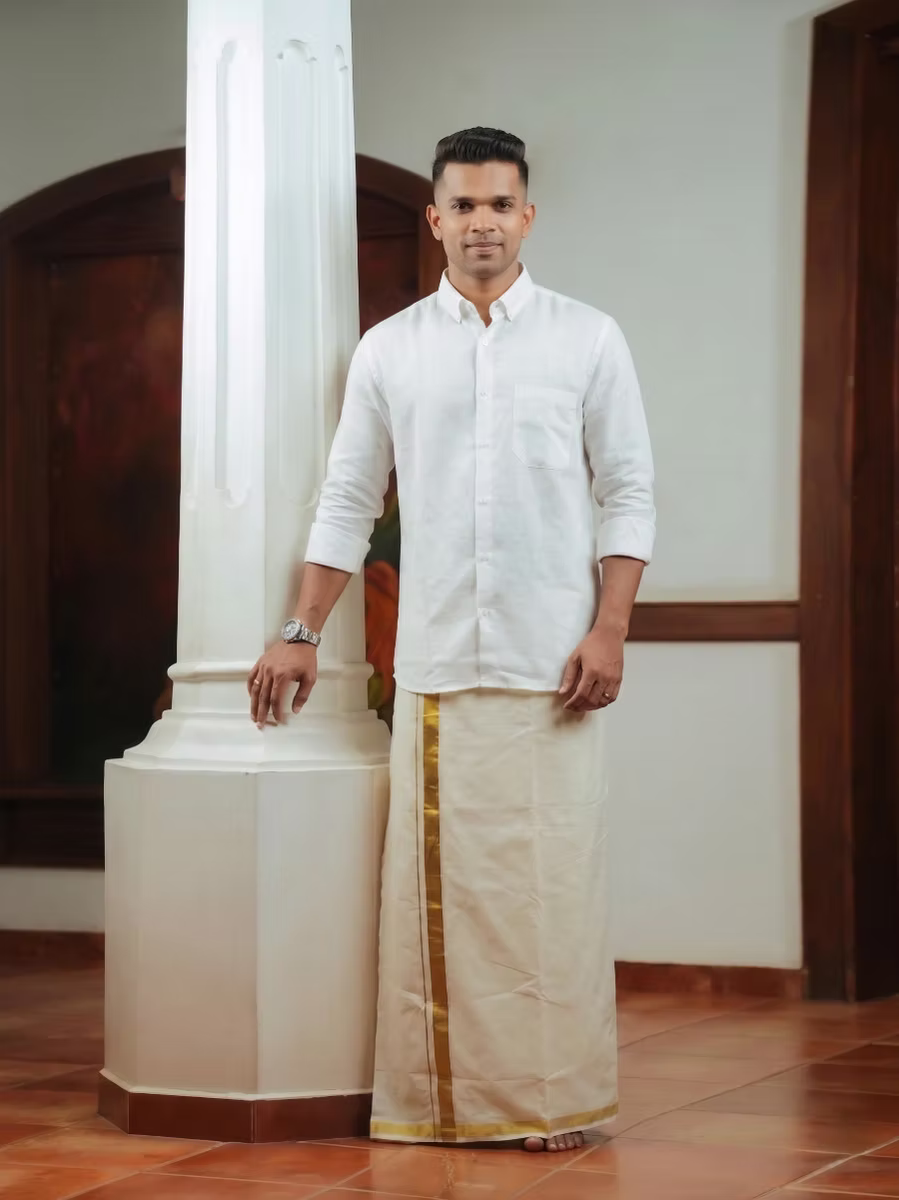 White Linen Cotton Shirt and Kasavu Mundu Dhoti Combo