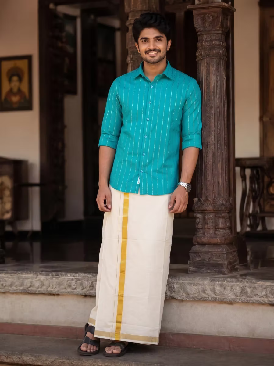 Teal Blue Golden Flecha Cotton Shirt and Kasavu Mundu Dhoti Combo
