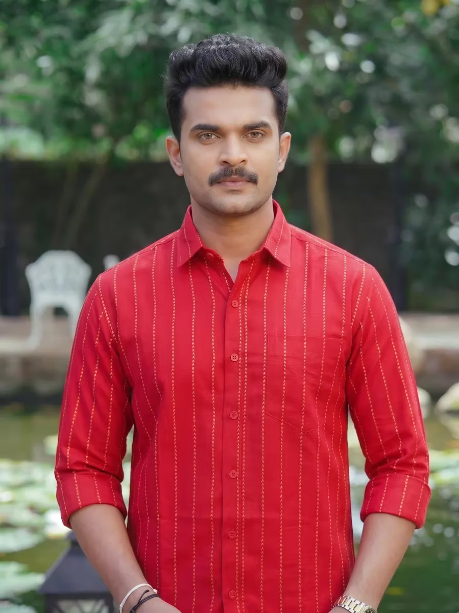 Red Golden Flecha Cotton Shirt and Kasavu Mundu Dhoti Combo