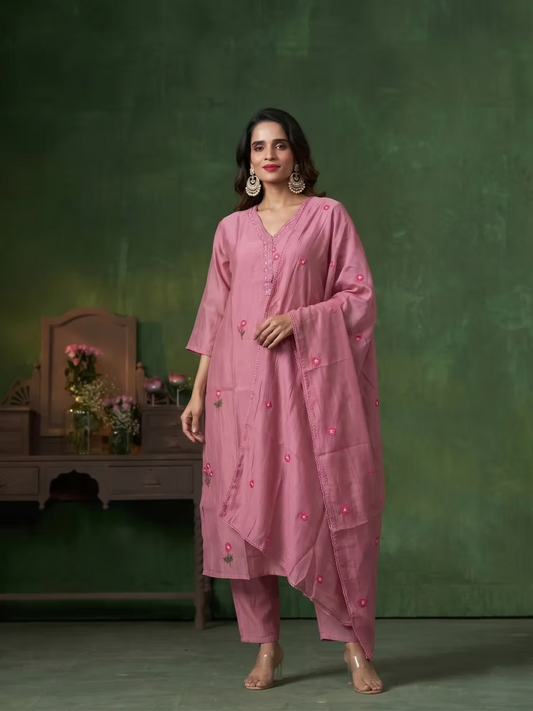 Onion Pink Floral Embroidery 3 Piece Kurta Trouser Set