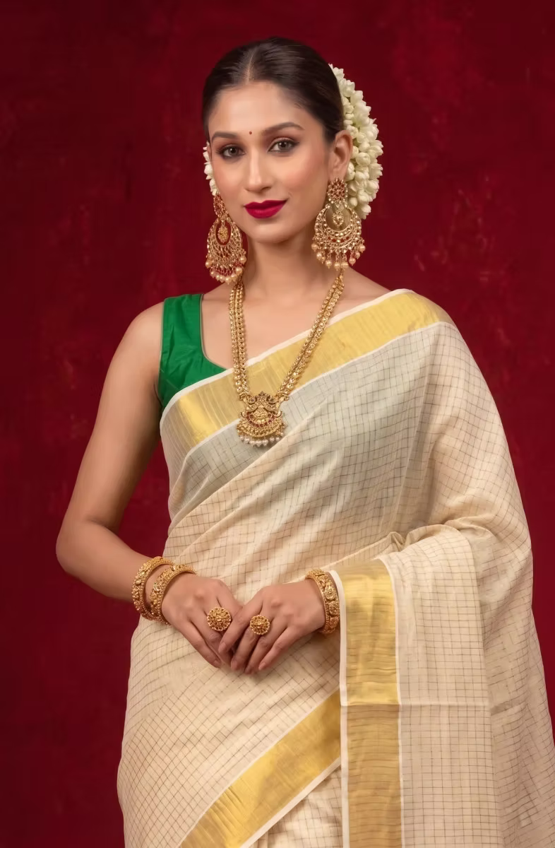 Golden Block Stripe Tassel Tissue Kasavu Saree with Running Blouse